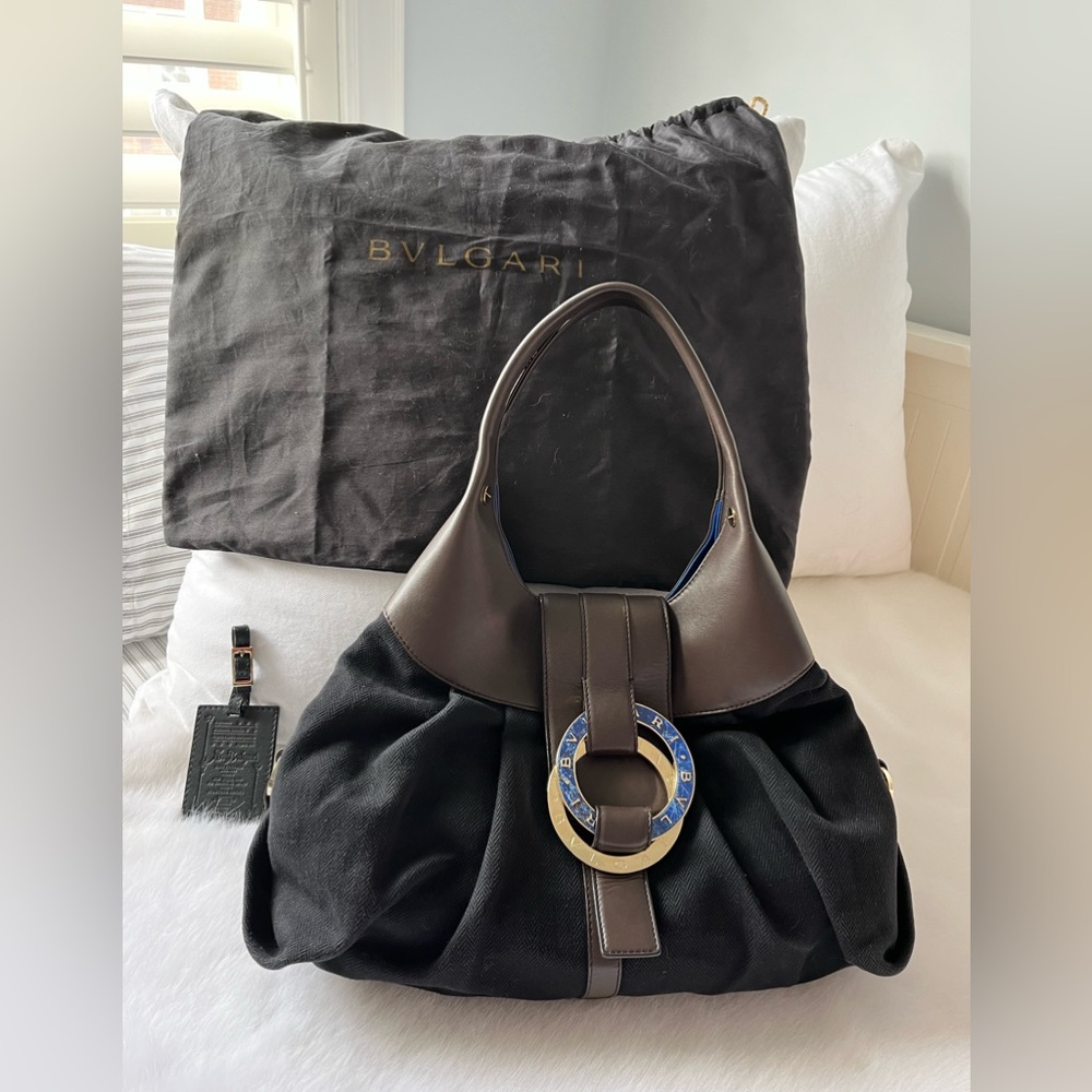 Authentic Bulgari black and brown medium Chandra shoulder bag